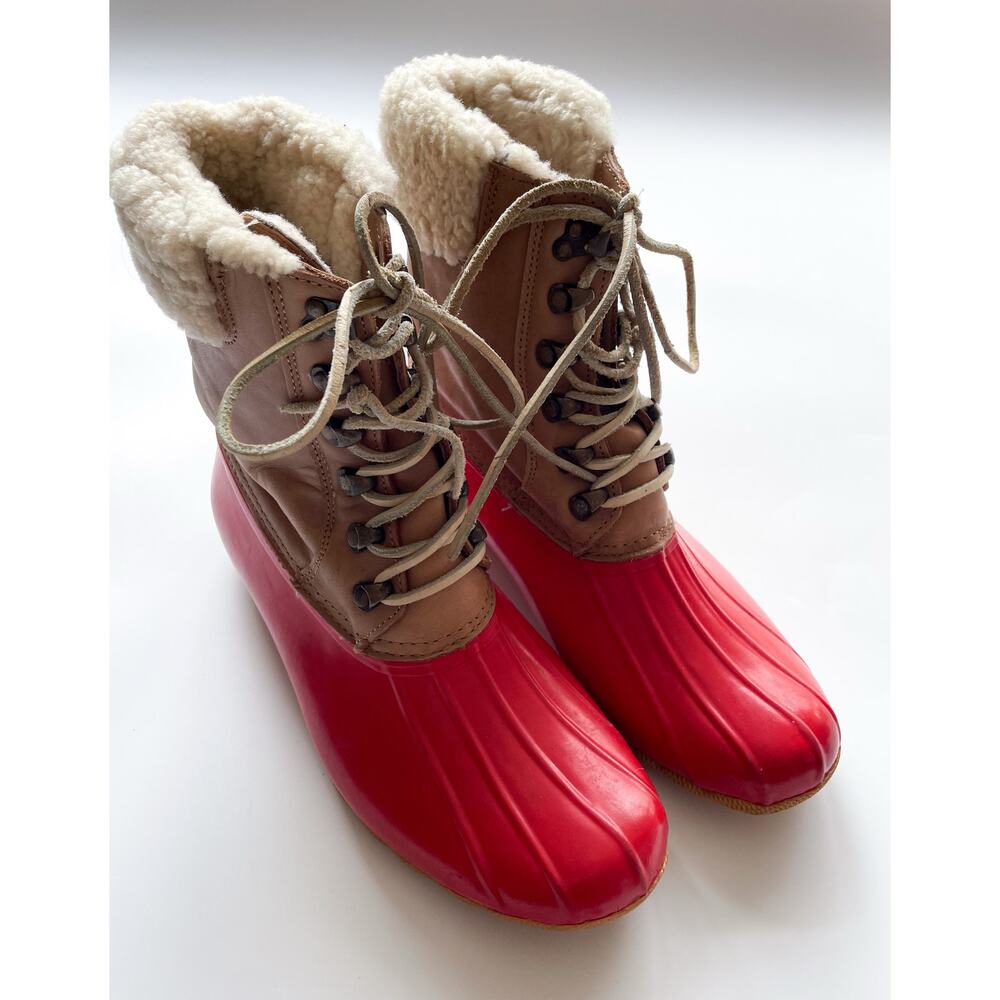 Womens Sperry Topsider Red and Tan Saltwater Duck Boots Shearling Lining Size 11
